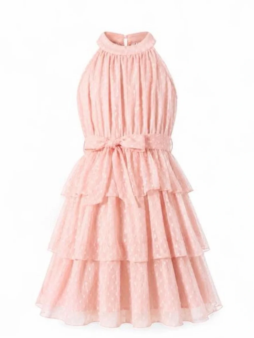 Girls' Pink Tiered Halter Dress with Waist Bow